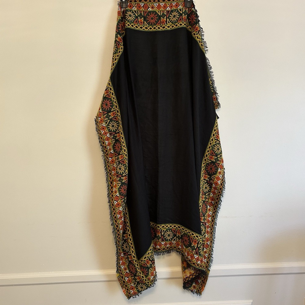 Frye Brand Black Multicolor Square Scarf Embroidered Trim 48" X 48" Geometric